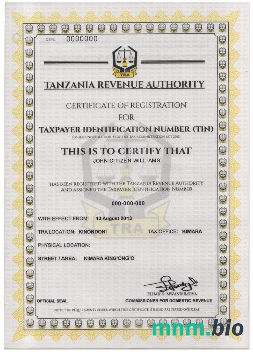 TANZANIA taxpayer identification number (TIN) registration certyfikat